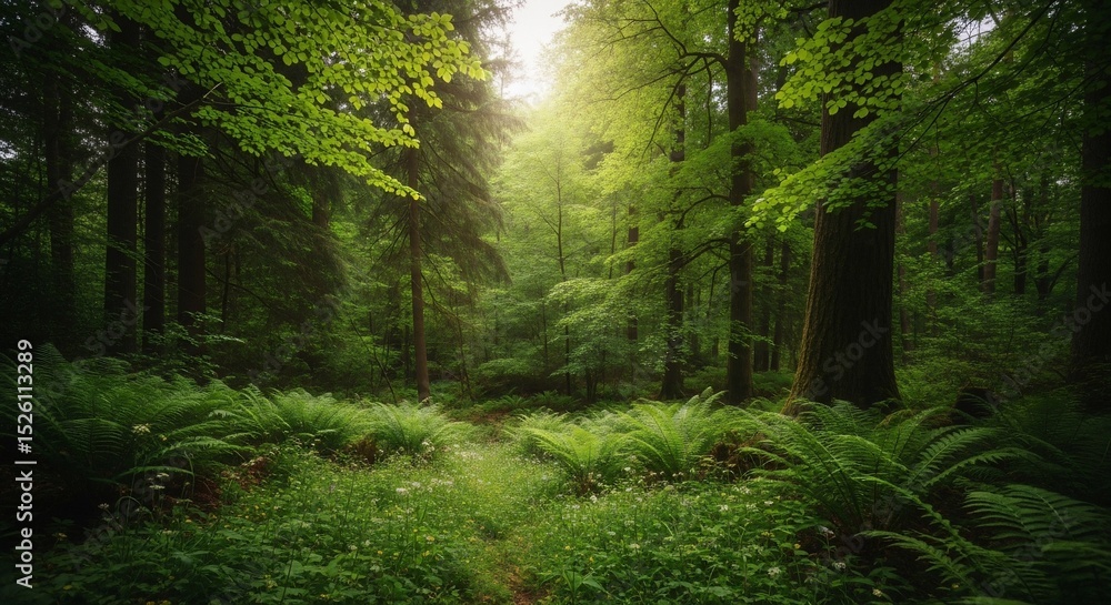 Fototapeta premium Lush Forest Path Illuminated by Sunlight, Surrounded by Ferns and Greenery