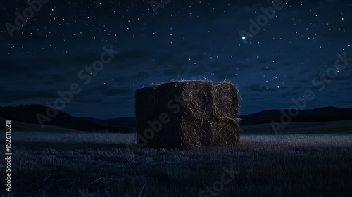 Nightfall at the Farm: Hay Bale Under a Starry Canopy in Rural Countryside