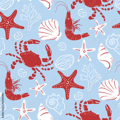 Summer seasonal Mediterranean seamless pattern background vector. Italian wallpaper of crab, starfish, coral, shell, shrimp. Summer doodle design for fabric, prints, banner, packaging, tile.