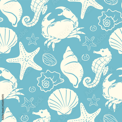 Summer seasonal Mediterranean seamless pattern background vector. Italian wallpaper of crab, seahorse, starfish, scallop, shell. Summer doodle design for fabric, prints, banner, packaging, tile.