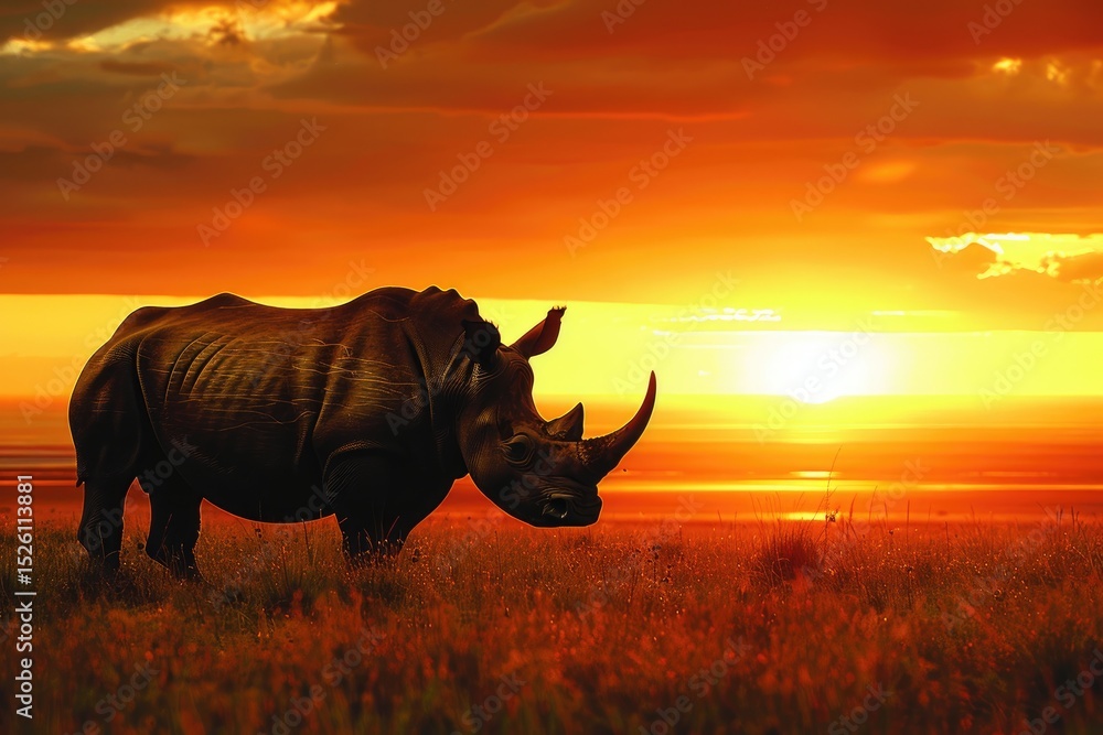 Fototapeta premium Silhouette of rhino at dramatic sunset over savanna.
