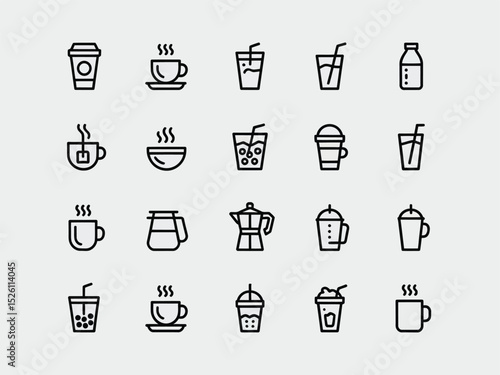 Black Line Art Beverages Icons Collection on Transparent Background Cafe Menu