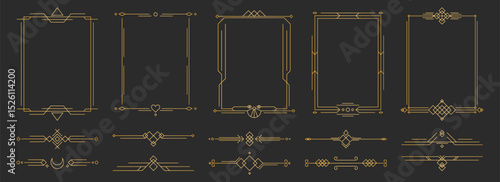 Art deco line divider frames collection - golden geometric borders with ornamental corners, vintage rectangular panels, luxury decorative elements for wedding invitations, retro certificate templates