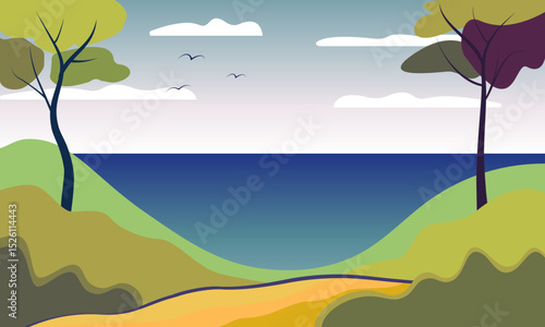 Natural seaside landscape. Autumn landscape, trees, forest, panoramic natural landscape in flat minimalist style, natural background concept