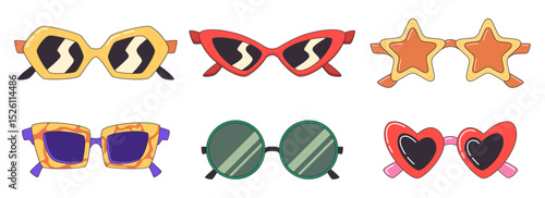 Retro sunglasses sticker collection - colorful eyeglass frames with lightning, star and heart, round and square shaped party glasses, vintage lens specs, eyewear for summer fashion accessories.