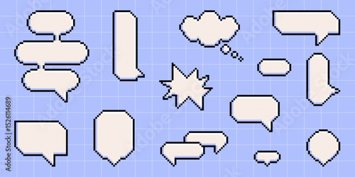 Pixel art speech bubble collection on blue grid - 8 bit chat balloons in various design shapes. Retro game dialogue boxes with black outlines for comic conversations and messaging interfaces.