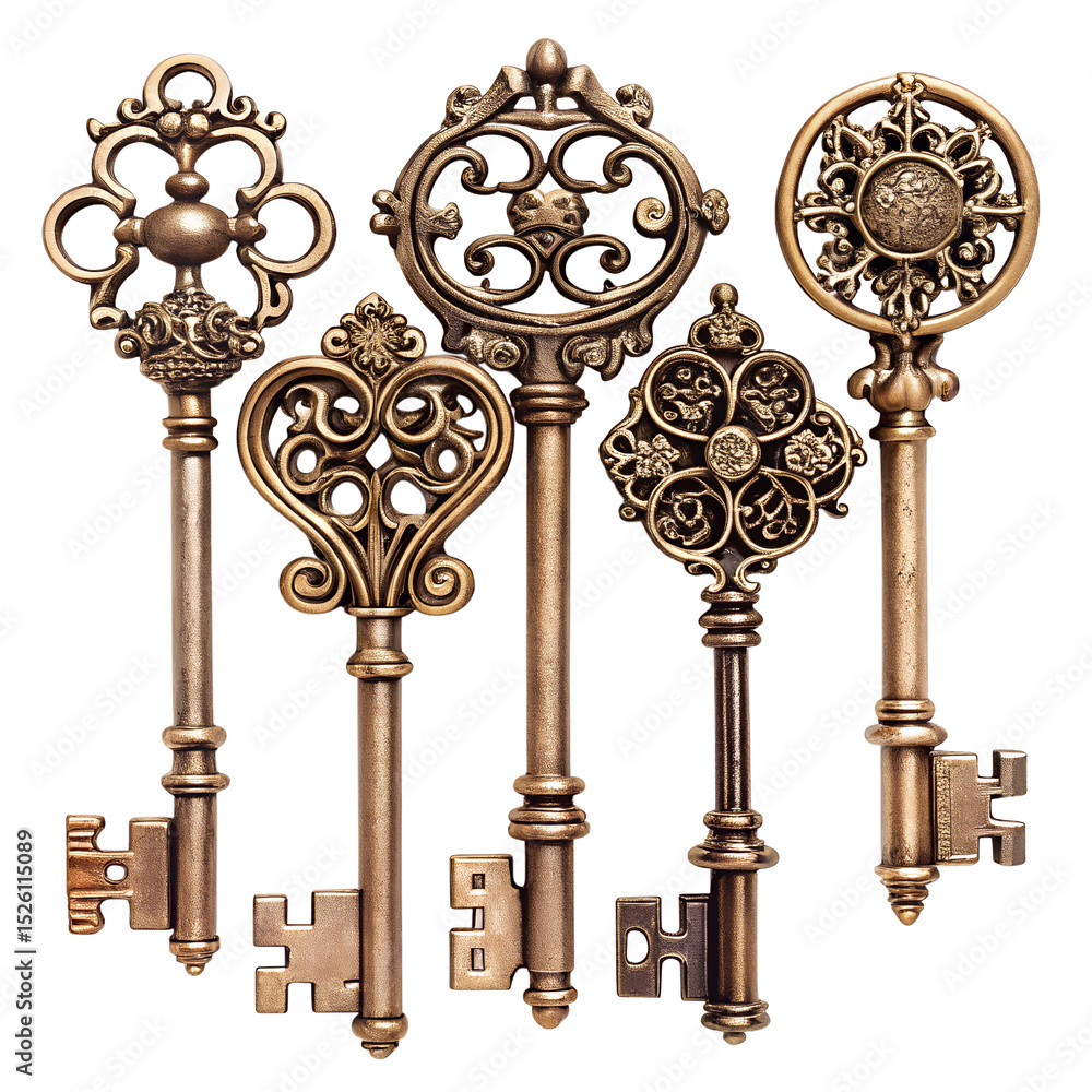 Fototapeta premium Old-fashioned key set with ornate details on transparent background