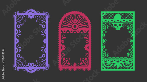 Mexican papel picado frame border set - purple rectangular cutout with flowers and leaves, pink arch design with sunburst motif, green rectangle with skull patterns for dia de muertos celebrations.