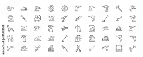 Collection of various power tools and construction equipment line art icons in black and white