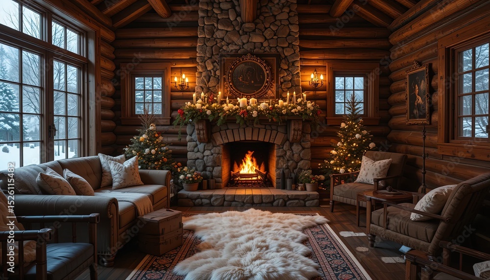 Obraz premium Cozy winter living room with a fireplace and Christmas decorations.