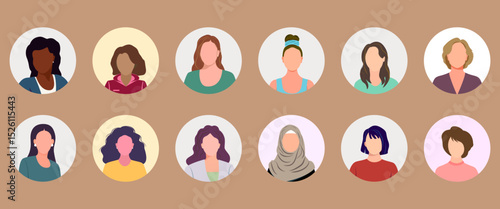 Avatar, people faces in flat style. Set of isolated female face icons to represent a person. Diverse multicultural women for profile picture. Vector illustration of user face for website or account