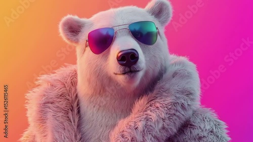 A fashionable polar bear, wearing sunglasses and a fluffy coat, against a colorful gradient.