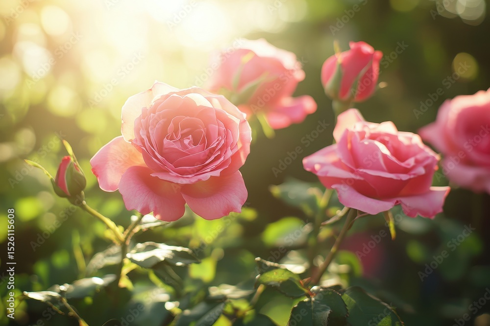 Fototapeta premium Lush pink roses bloom vibrantly in warm sunlight, creating a stunning garden display