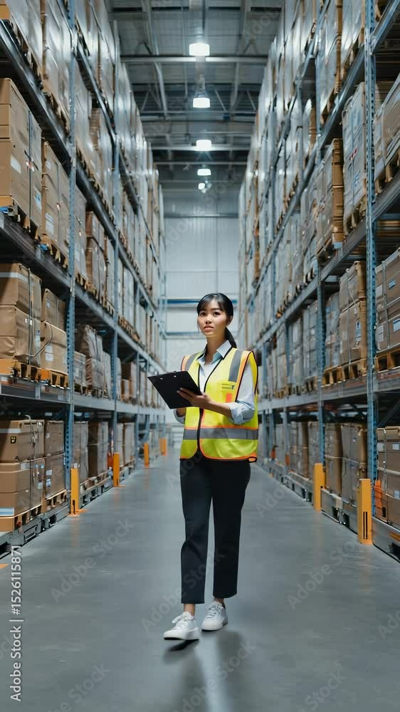 Female logistics manager in a safety vest walks through a bright indoor storage terminal, checking cargo inventory while using a clipboard. Boxes are stacked high around her Female logistics manager in a safety vest walks through a bright indoor storage terminal, checking cargo inventory while using a clipboard. Boxes are stacked high around her