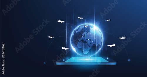  Logistics or transportation technology. airplanes with a motion path on the world map to deliver goods.	
