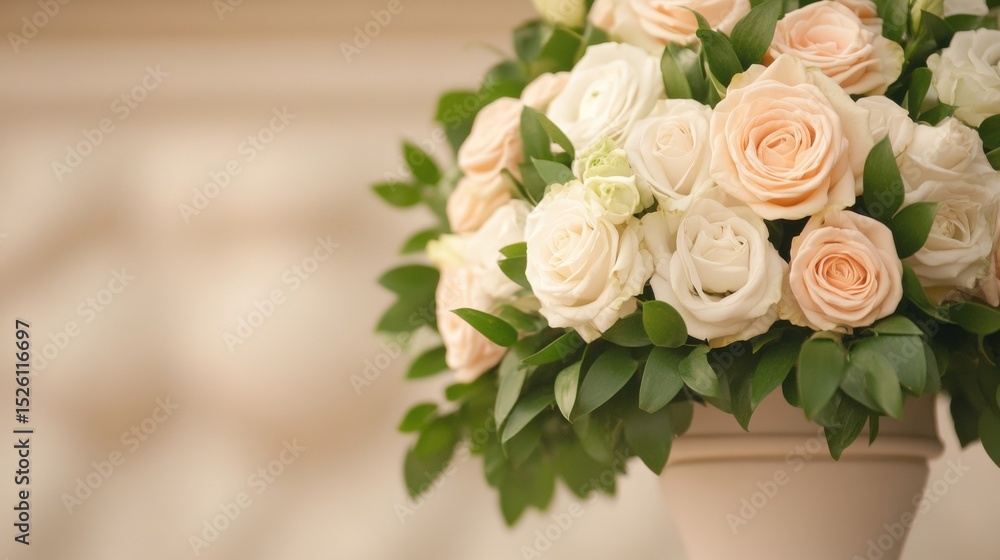 Fototapeta premium Elegant bouquet of white and peach roses in a vase, perfect for weddings and romantic occasions.