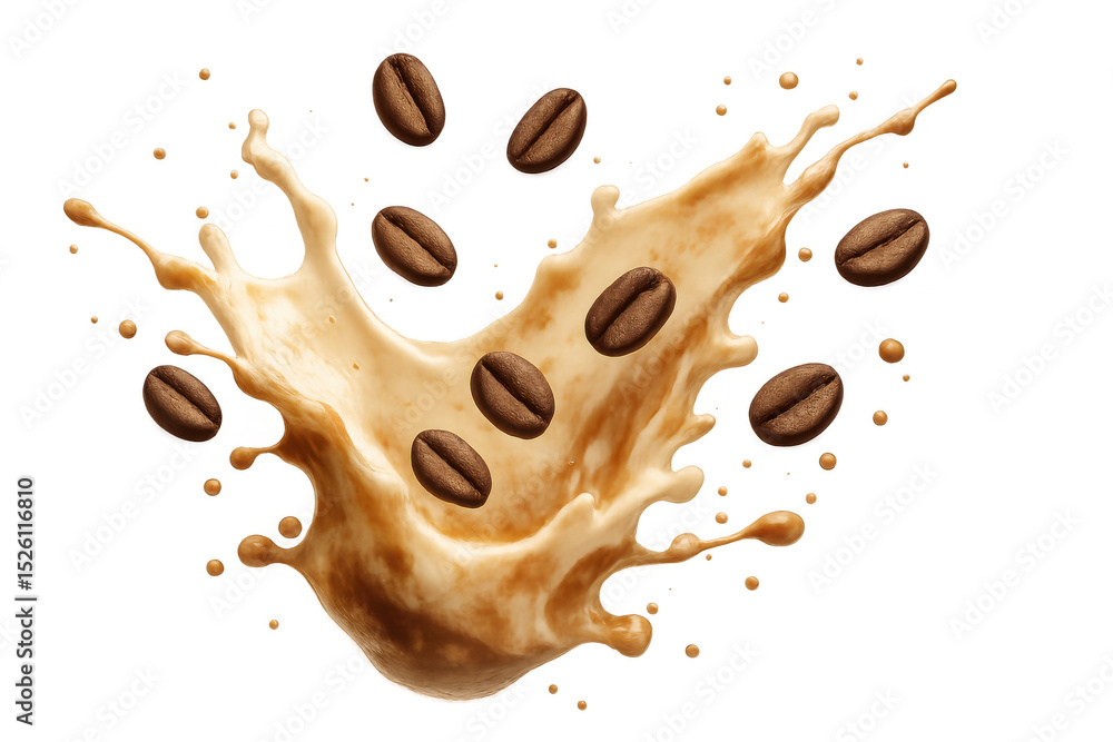 Fototapeta premium Dynamic coffee splash capturing airborne beans, spraying liquid droplets with energetic movement against clean transparent backdrop