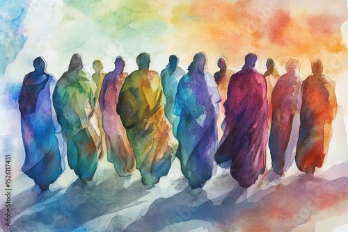 Twelve chosen disciples walking together in vibrant watercolor, showcasing unity and purpose on a tranquil path during biblical times