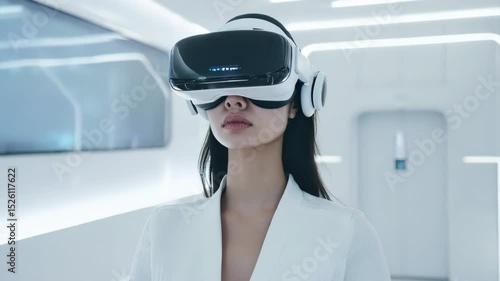 A woman dons a VR headset, ready to delve into the digital world in a futuristic hallway.