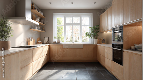 Wallpaper Mural A stylish U-shaped open-plan kitchen featuring light wood cabinetry with a matte finish and a harmonious, minimalist layout. Generative AI Torontodigital.ca