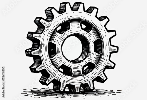 A rustic, hand-drawn sketch of a single mechanical gear, illustrated in a rough woodcut or etching style, perfect for industrial or steampunk design themes.
