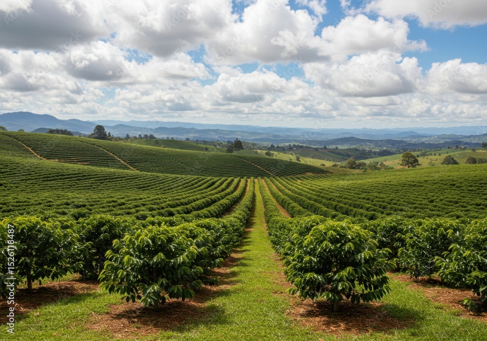 Naklejka premium Lush coffee plantation on rolling hills under a cloudy sky