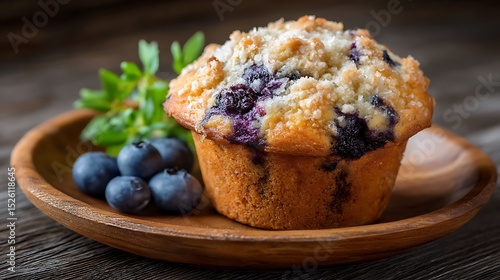 Wallpaper Mural Blueberry Muffin with Fresh Berries on a Wooden Plate Torontodigital.ca