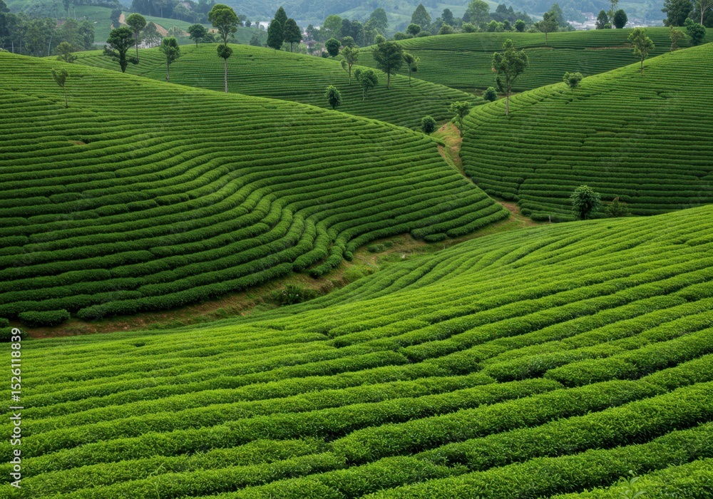 Tea plantation landscape with green terraces and trees on hillsides in asia Tea plantation landscape with green terraces and trees on hillsides in asia