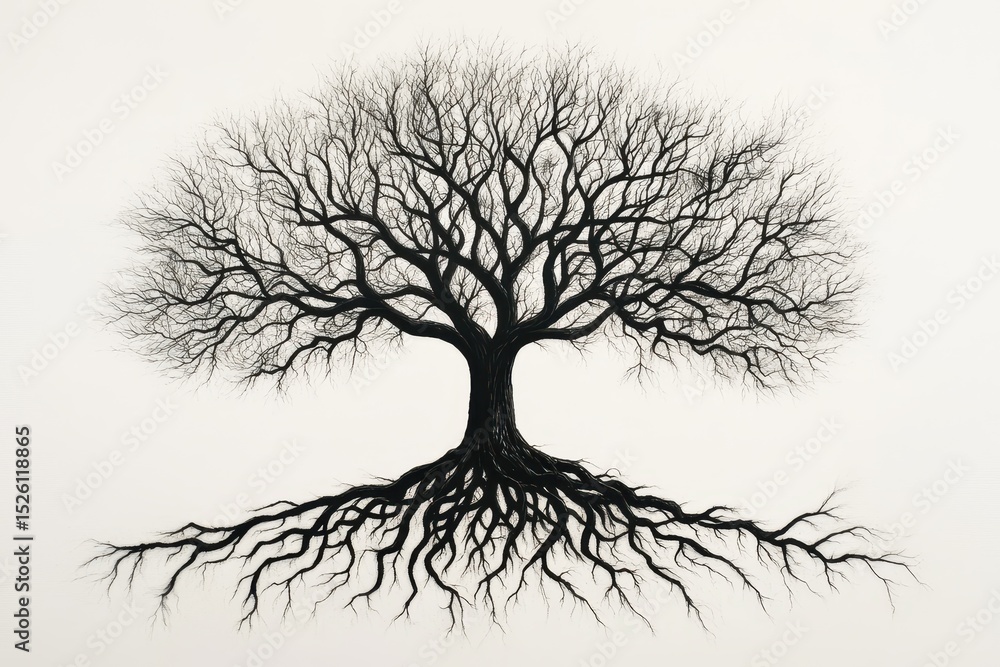Obraz premium Intricate tree of life showcasing extensive root system, symbolizing growth and connectedness within nature's cycles