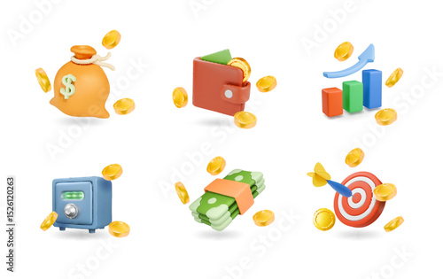 3d business icon set. Calculator, safe, wallet with money, briefcase, umbrella, shield, cash receipt, handshake. Render vector objects