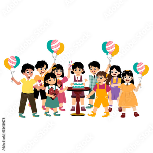 Cartoon Children Celebrating Birthday Party