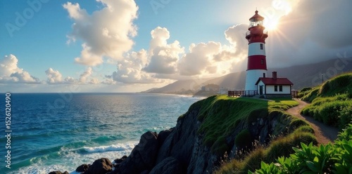 Cape Disappointment style lighthouse, Waikiki beach view, landmark, Hawaii, seascape