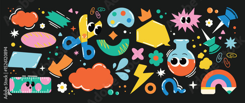 Welcome Back to School funky element vector set. Collection of cartoon characters, cute doodle dawn, Speech bubble, scissors, test tube, ruler. Design for education, prints, decorative, kids, sticker.