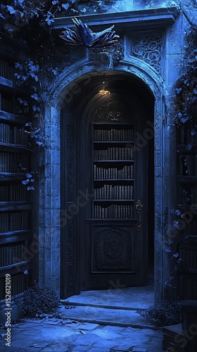 Mystical library entrance, arched doorway leading to a concealed book sanctuary