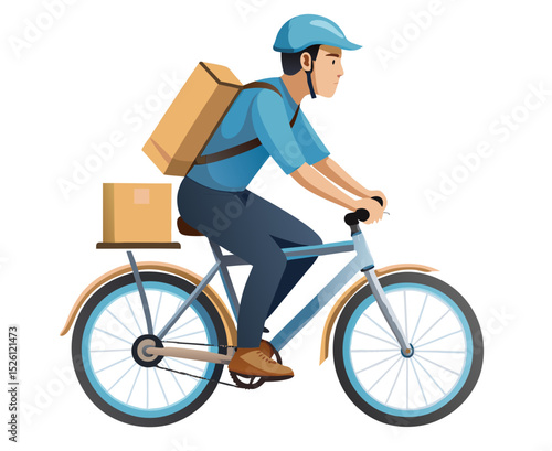 vector of a delivery rider with backpack box riding a bike, wearing helmet, clean vector on white
