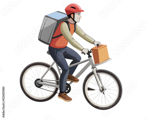 vector of a delivery rider with backpack box riding a bike, wearing helmet, clean vector on white
