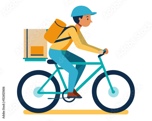 vector of a delivery rider with backpack box riding a bike, wearing helmet, clean vector on white
