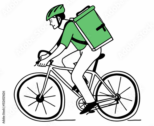 vector of a delivery rider with backpack box riding a bike, wearing helmet, clean vector on white
