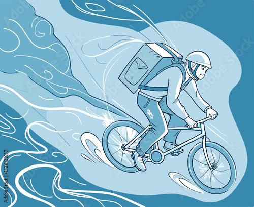 vector of a delivery rider with backpack box riding a bike, wearing helmet, clean vector on white
