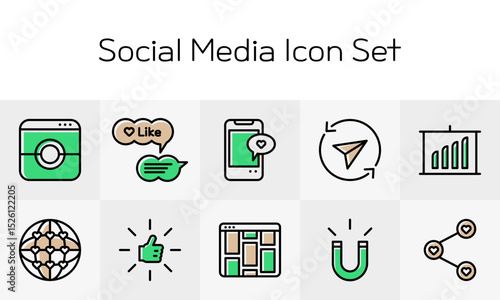 콘텐츠 제작과 공유를 위한 소셜미디어 라인 아이콘 세트 - Social Media Line Icon Set for Content Creation and Sharing