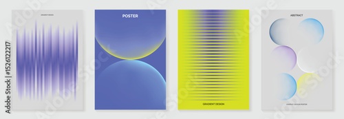 Modern gradient poster background vector set. Cover template with vibrant perspective geometric prism shapes, mountain, moon, sun. Ideal design for social media, cover, banner, flyer.
