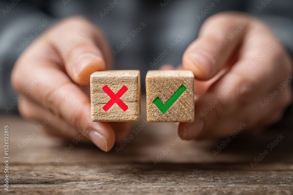 A person holding wooden blocks , suggesting a decision-making concept or technology use in a visual image. A person holding wooden blocks , suggesting a decision-making concept or technology use in a visual image.