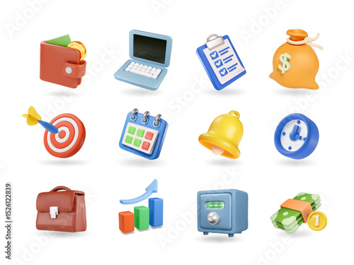 Set of 3d office icon, Business work, money and finance concept.. Job and work collection. Vector wallet, clock, graph