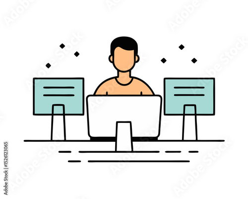 vector of a programmer sitting at desk with dual monitors, coding symbols around, clean style on white background
