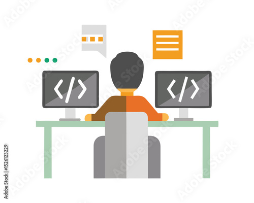 vector of a programmer sitting at desk with dual monitors, coding symbols around, clean style on white background
