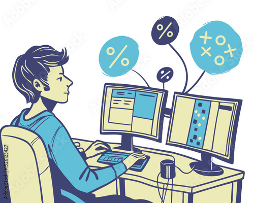 vector of a programmer sitting at desk with dual monitors, coding symbols around, clean style on white background
