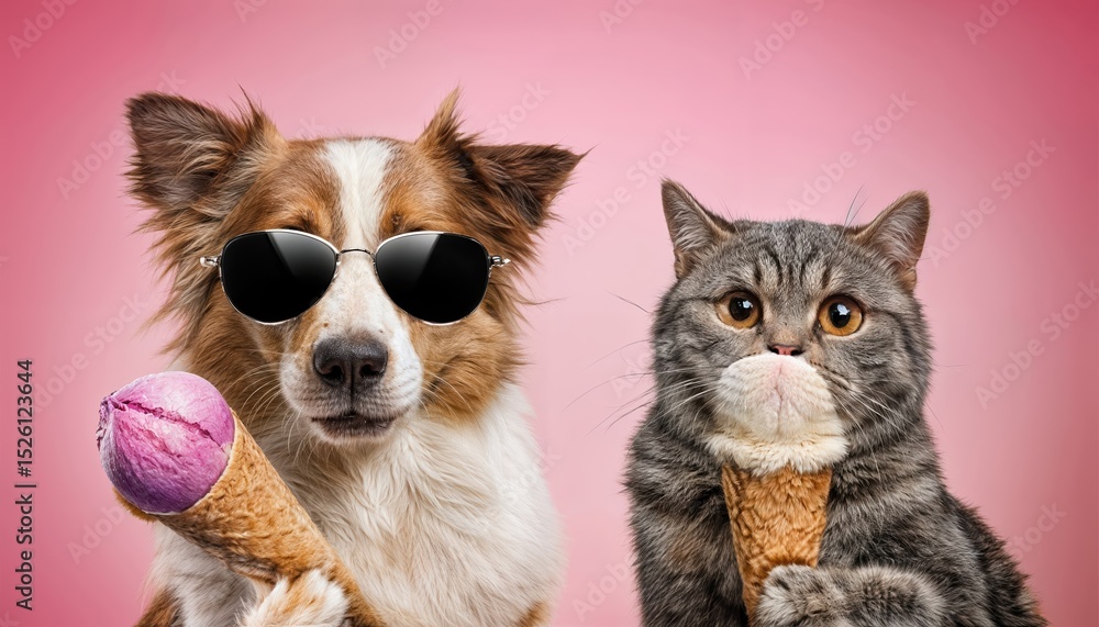 Obraz premium Playful Pets Donning Sunglasses Indulge in Ice Cream Bliss on a Pink Backdrop, Capturing Whimsy and Fun for a LaughOutLoud Moment.