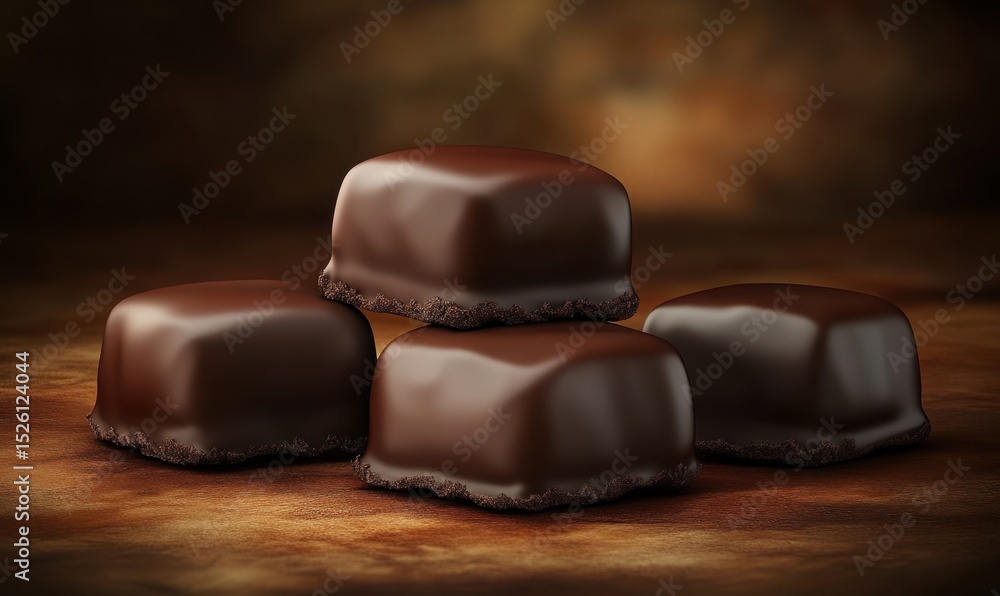 Dark chocolate candies on wood, close-up, brown background, food photography, for packaging Dark chocolate candies on wood, close-up, brown background, food photography, for packaging