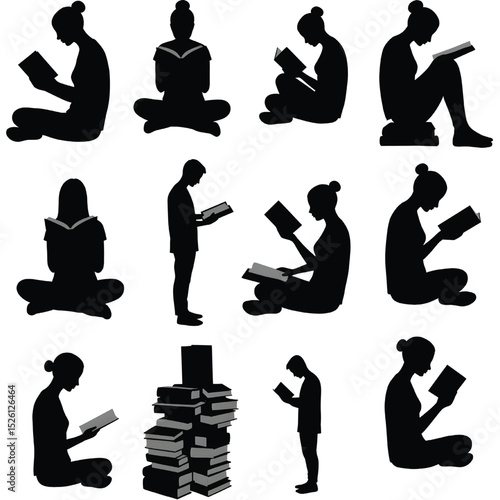 Silhouettes of people of various ages reading books in different poses and next to book stacks vector