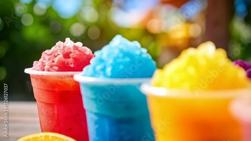 Colorful shaved ice treats in plastic cups, variety of flavors, refreshing summer drinks with fruit slices and blurred bokeh background